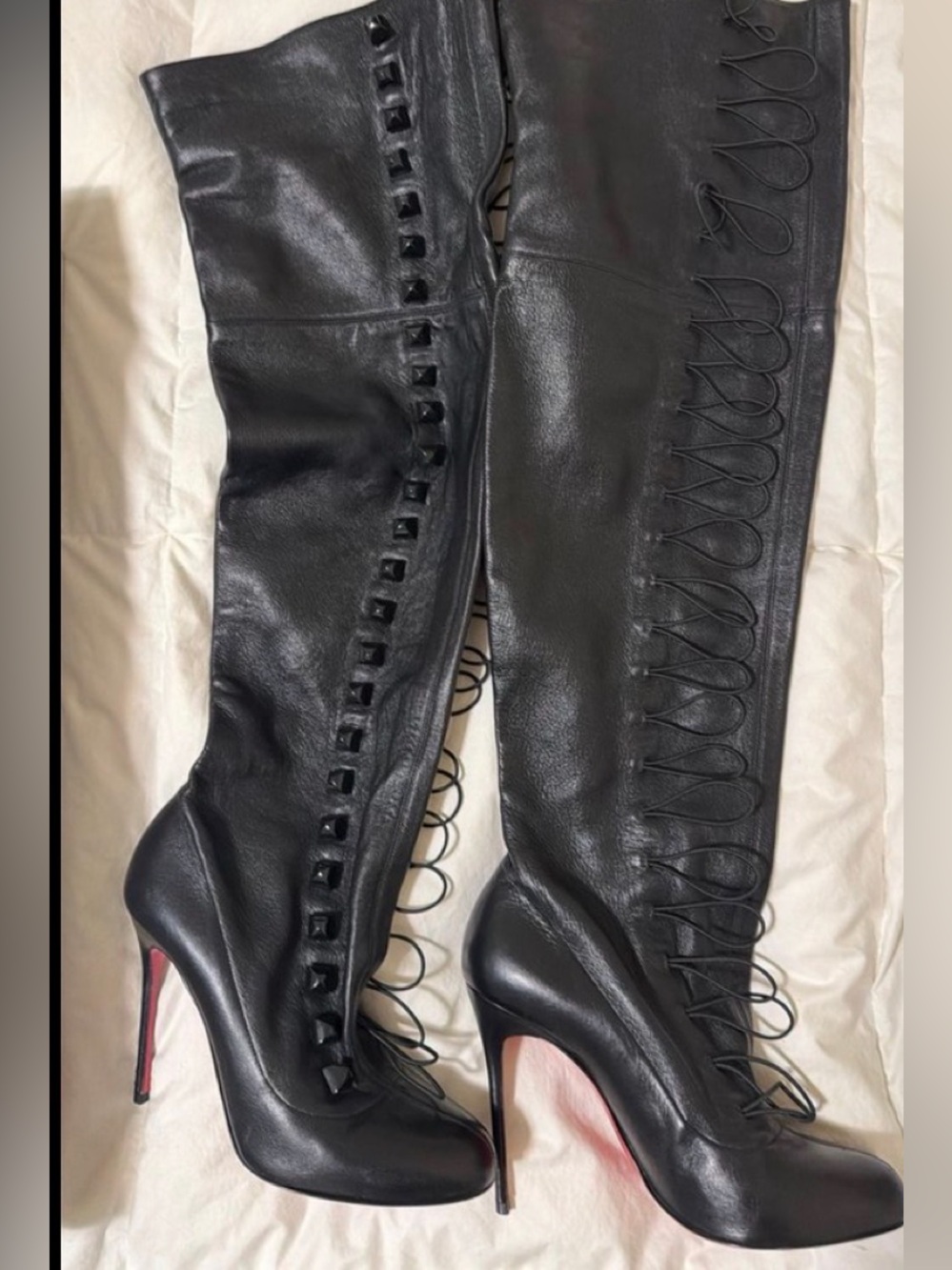 Christian Louboutin Black Leather Over-the-Knee Lace-Up Stiletto Boots